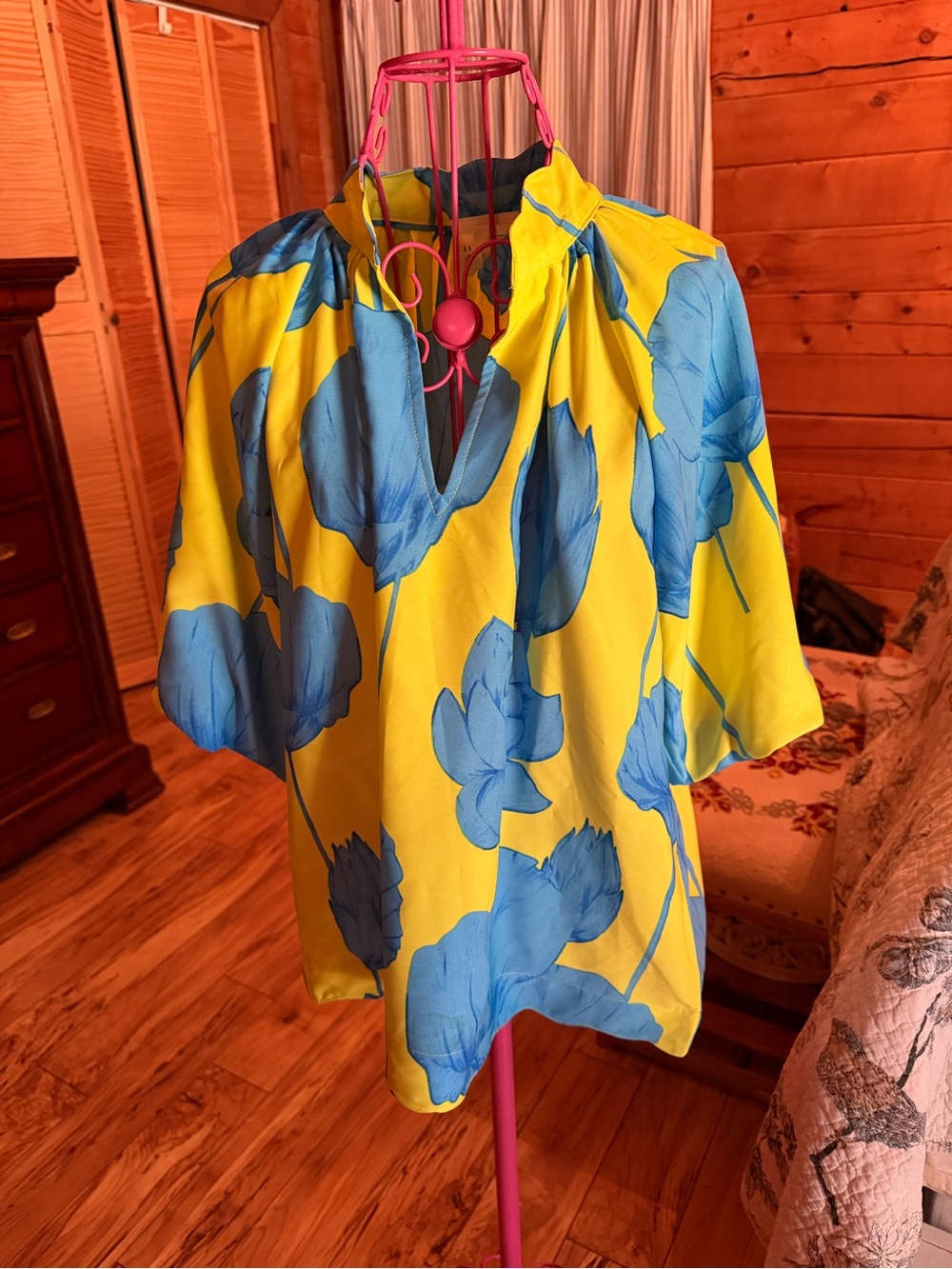 Umgee Yellow Blouse with Blue Floral Print